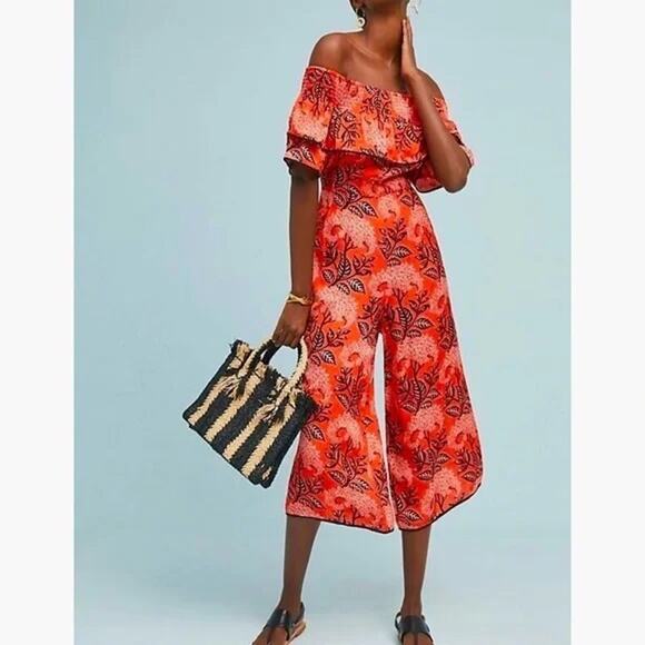Anthropologie Kopal Biji Red Orange Print Off-Shoulder Floral Jumpsuit Large - Picture 1 of 12